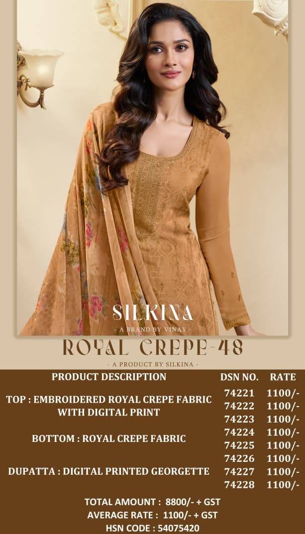 SILKINA - ROYAL CREPE 48 by vinay fashion 74221 To 74228 Designer Festive Suits Collection Beautiful Stylish Fancy Colorful Party Wear & Occasional Wear DIGITAL PRINTED ROYAL CREPE WITH EMBROIDERY Dresses At Wholesale Price